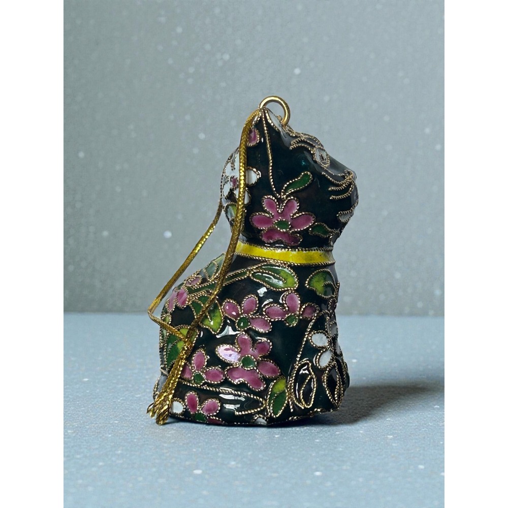 Vintage Cloisonne Enamel Cat Ornament Black Floral Gold Wire Filigree Figurine - Picture 5 of 6